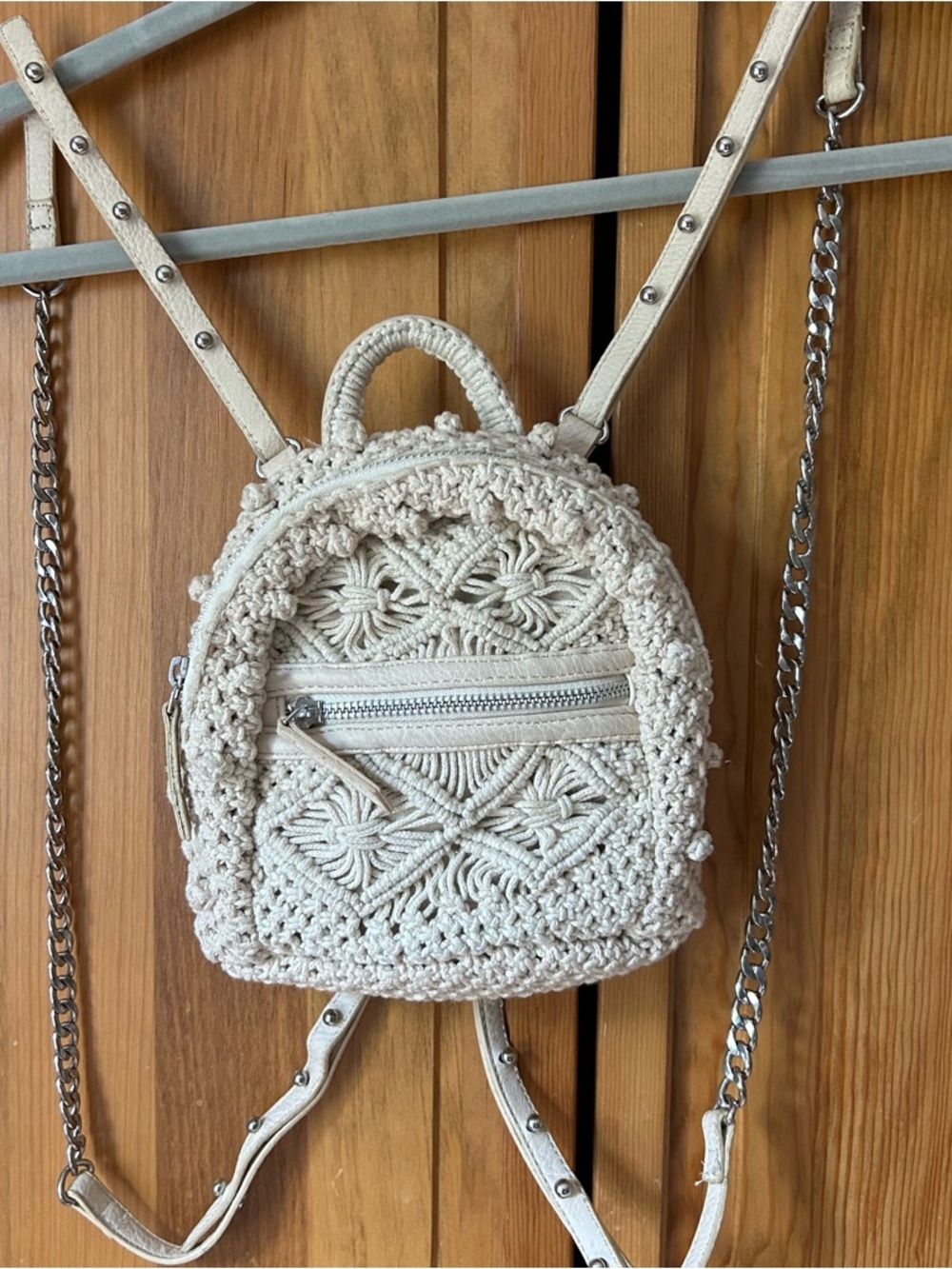 Zara Cream Crochet Mini Backpack with Macramé Detail